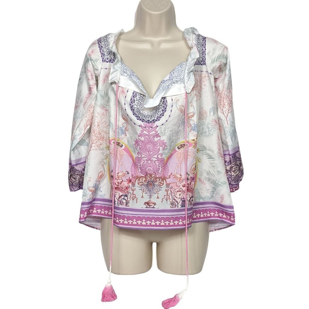 Order Plus Women's Boho Geometric Tasseled Blouse Large